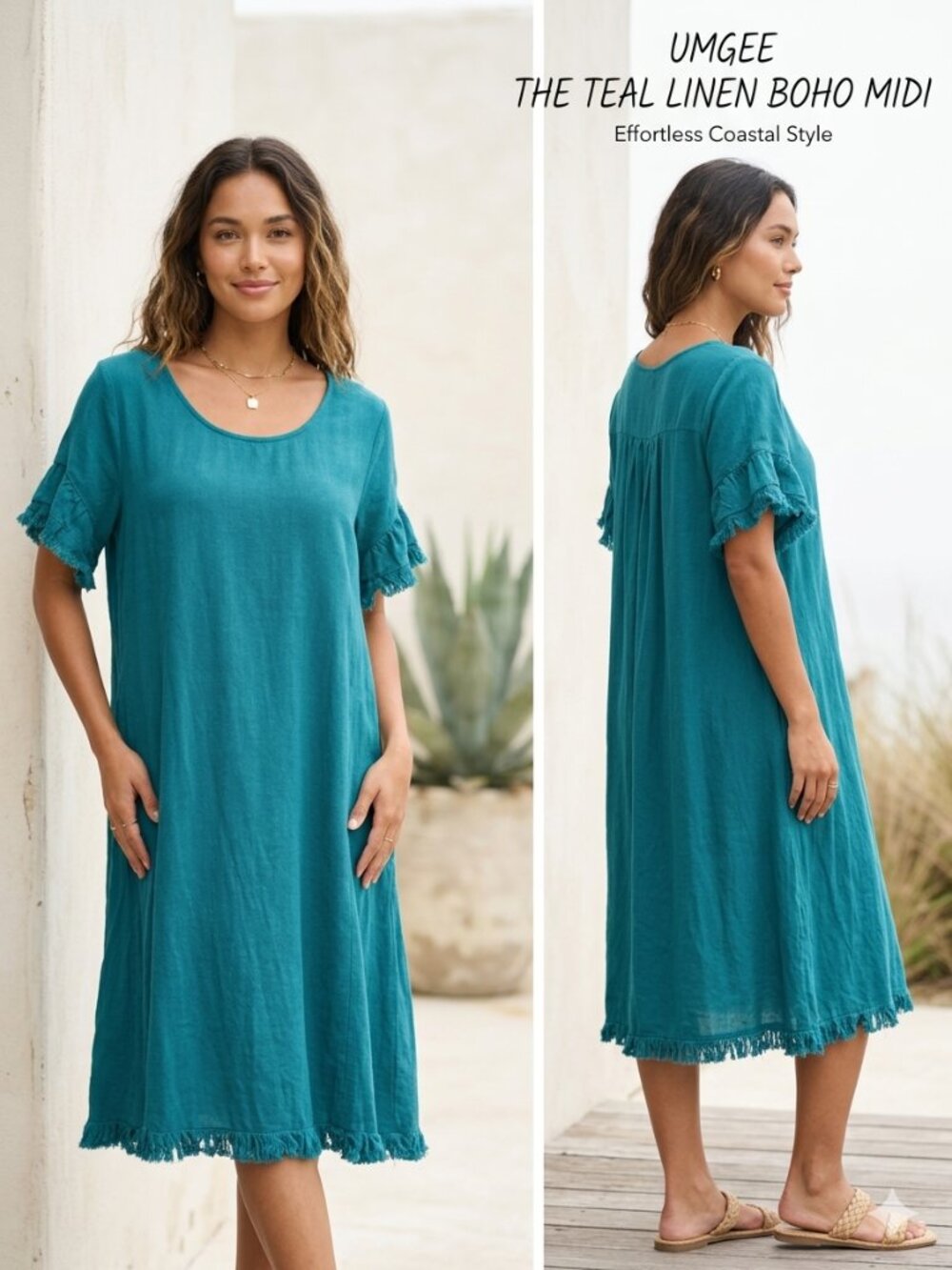 Umgee Teal Fringed Midi Boho Beachy Dress Linen Blend Coastal Women's Size Large